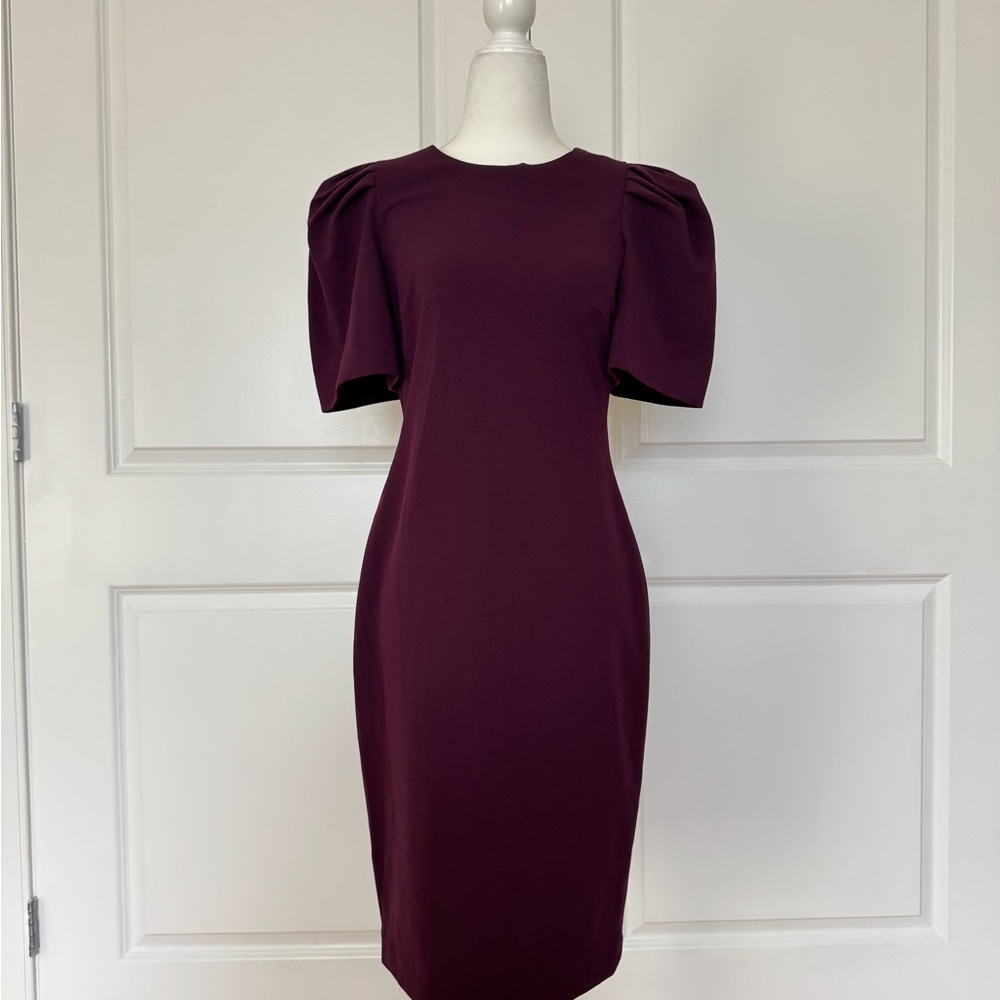 Calvin Klein Plum Midi Dress with Sculpted Puff Sleeves